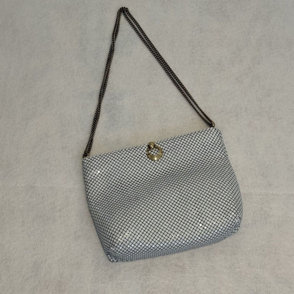 Whiting & Davis Vintage White Metal Mesh Chain Shoulder Bag Gold Tone Hardware